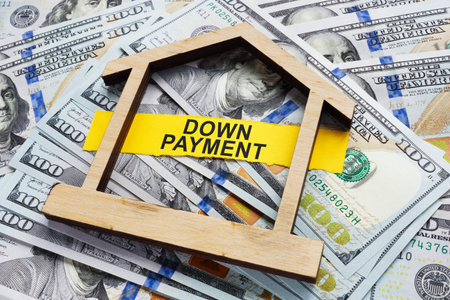 Down payment concept. Money, outline of a house and a strip of paper.