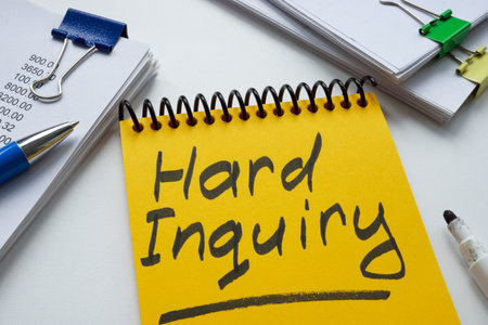 Yellow notepad with words hard inquiry and notepads.の写真素材