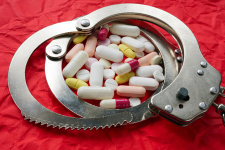 Handcuffs and pills. Drugs and illegal medicines concept.の写真素材