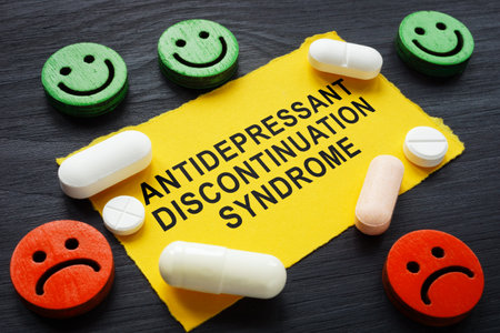 Smileys, pills and inscription antidepressant discontinuation syndrome.の写真素材