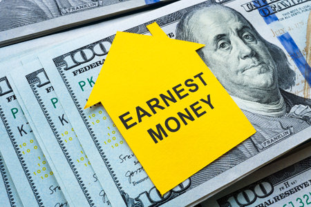 Earnest money concept. Sheet of paper in the shape of a house and cash.の写真素材
