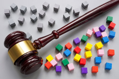 Gavel separates gray cubes from colored ones. Legislation on equality and diversity. Social justice.の写真素材