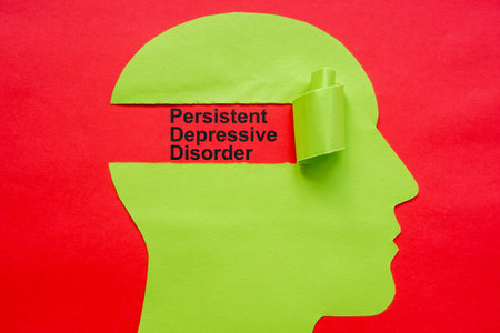 Paper head with a torn part and inscription Persistent depressive disorder PDD.の写真素材