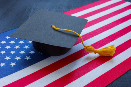 Student hat on the US flag as a symbol of education.