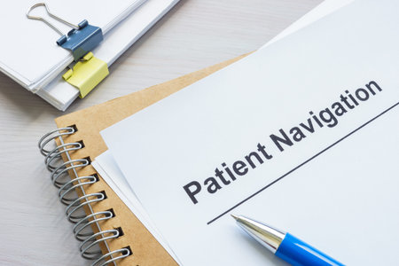 Stack of papers and documents about patient navigation.