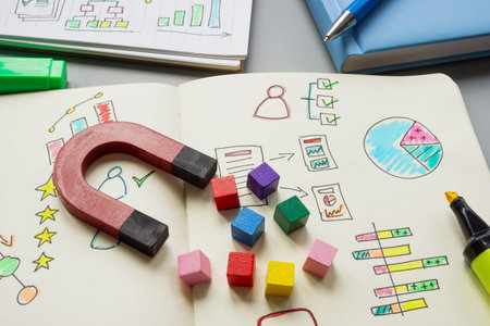 Customer attraction abstract. Magnet attracts cubes and marketing notes.