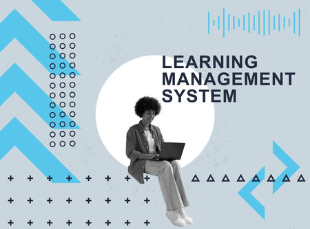 Learning management system LMS. Collage with a young woman working on a laptop.の写真素材