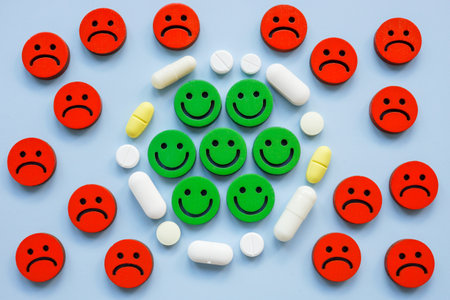 Happy smileys, pills and sad smileys. Psychostimulants, Anti-anxiety medications and antidepressants.の写真素材