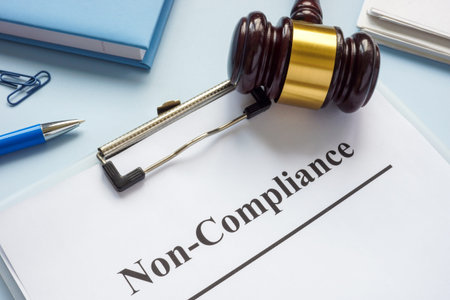 Clipboard with document about non-compliance and gavel.