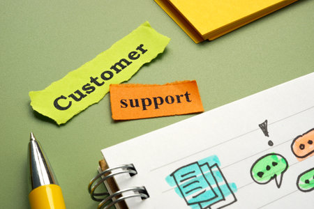 Notebook with handwritten notes and words Customer support.の写真素材