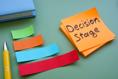 Sticky note labeled Decision stage and a chart.の写真素材