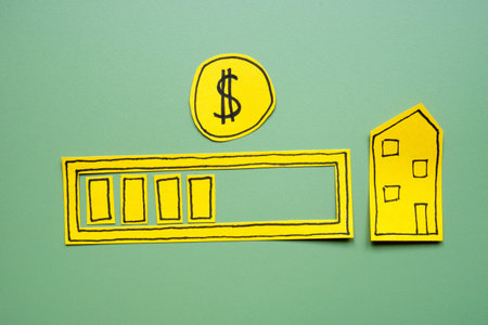 Paper progress bar, dollar sign and house. Mortgage payments and savings for real estate.