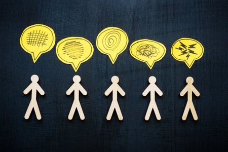 Figures with negative thoughts and expressions. Mental health struggles and emotional challenges.の写真素材