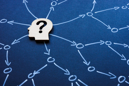 Head with a question mark and arrows pointing in different directions. Uncertainty and...