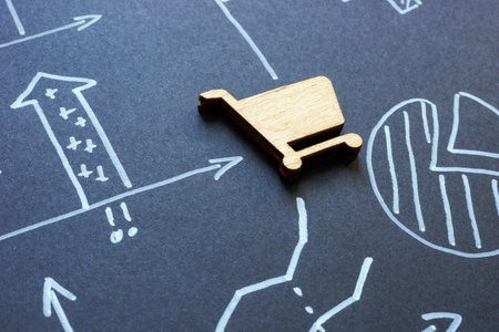 Shopping cart on marketing charts. Consumer behavior and sales analysis.の写真素材