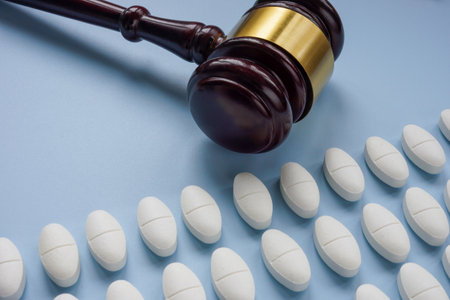 Medical pills and a gavel. Pharmaceutical violations.の写真素材