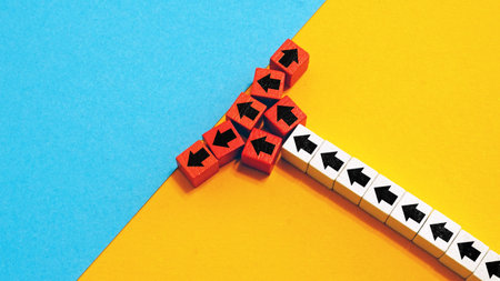 A line of arrows breaking apart. Symbol of disruption and challenges.の写真素材