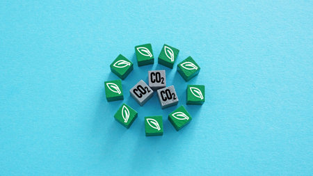 CO2 and green leaves. Carbon footprint and environmental impact.の写真素材