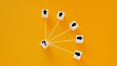 Question mark with arrows symbolizing choosing right direction.