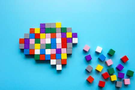 Brain made of colorful blocks with a trail. Cognitive development.の写真素材