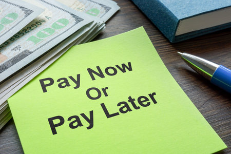 Pay now or later with money. Financial decision and debt management.の写真素材