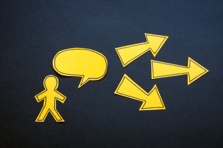 Influencer with speech bubble and arrows. Audience impact.の写真素材