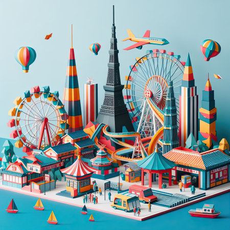 Amusement park with attractions. Vector illustration in cartoon style.の素材