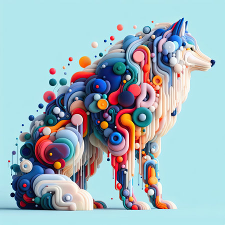 3d rendering of a unicorn made of multi-colored circles on a blue backgroundの素材