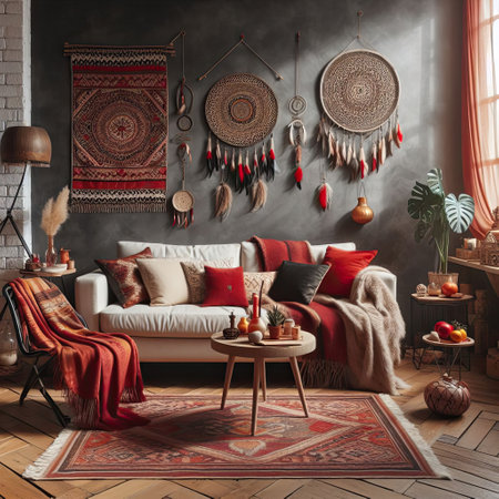 Interior of modern living room with brown sofa, red pillows and decorative accessories. 3d renderの素材