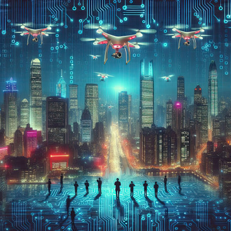 Digital composite of silhouettes of people with quadcopter in cityの素材