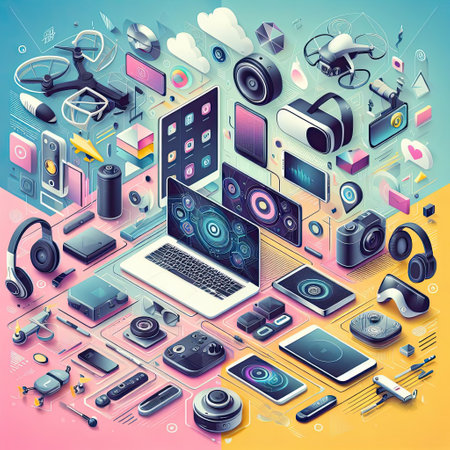 Technology isometric composition with gadgets and gadgets on colorful background vector illustrationの素材