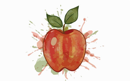 Illustration of red apple with watercolor splashes on white backgroundのイラスト素材