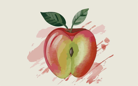 Illustration of a red apple with green leaves on a white backgroundのイラスト素材