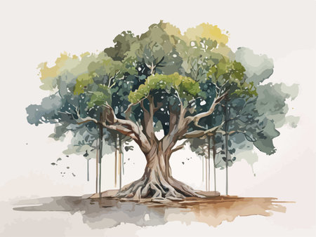 Watercolor illustration of an old oak tree. Hand drawn vector illustration.のイラスト素材