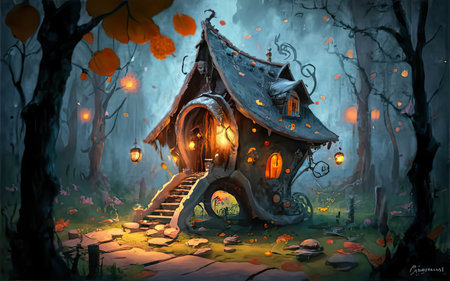 Halloween background - haunted house in the forest,3d illustrationの素材