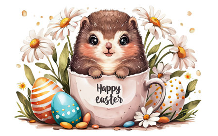 Cute hamster in a cup with Easter eggs and flowers.の素材