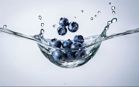 Blueberries falling into water with a splash on a white background.の素材