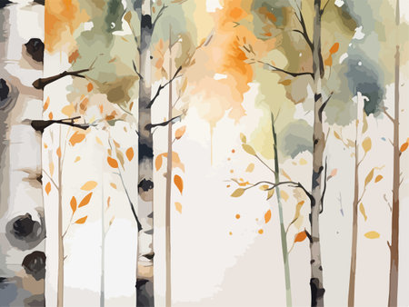 Autumn birch forest background with falling leaves. Vector illustration.のイラスト素材