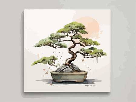 Bonsai tree in a pot on a gray background. Vector illustrationのイラスト素材