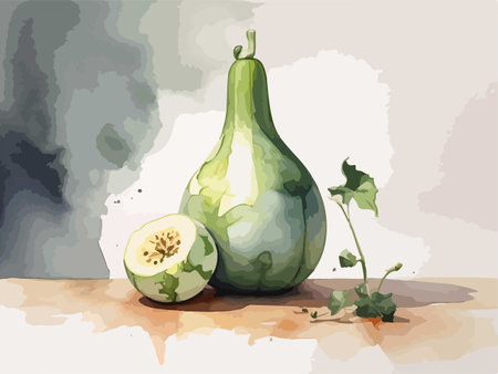 Illustration of a watercolor illustration of a green cucumber and a figのイラスト素材