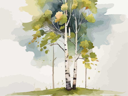 Vector illustration of birch tree with leaves in watercolor style.のイラスト素材