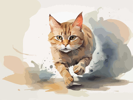 Illustration of a cat running on watercolor background, vector.のイラスト素材