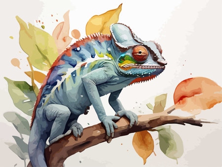 Chameleon on branch with leaves, watercolor vector illustration.のイラスト素材