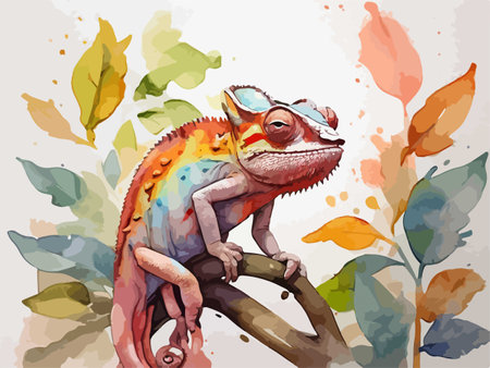 Colorful chameleon on a branch with leaves, vector illustrationのイラスト素材