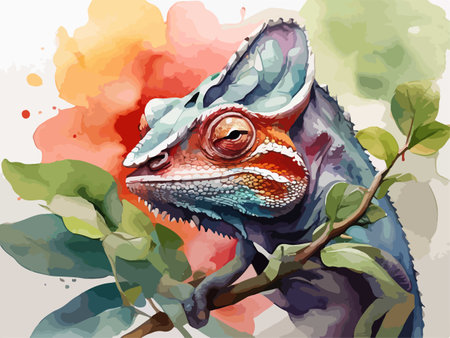 Chameleon on a branch with leaves. Watercolor illustration.のイラスト素材
