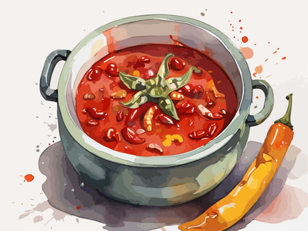 Illustration of a hot chili pepper soup in a saucepan.のイラスト素材