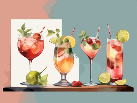 Cocktails in glasses with straws and lime. Vector illustrationのイラスト素材