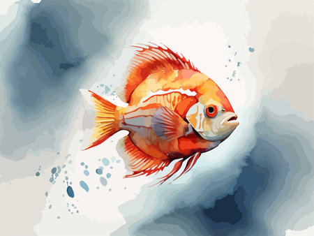 Illustration of a red fish on a watercolor background, vector