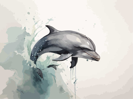 Illustration of a dolphin jumping out of water with splashes.のイラスト素材