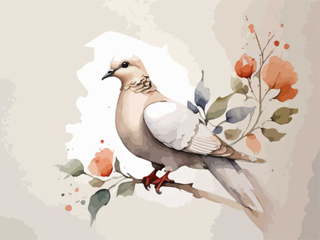 Pigeon on a branch with flowers. Vector illustration in watercolor style.のイラスト素材
